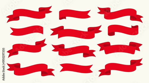 A collection of various red ribbon banners and decorative elements, perfect for graphic design, awards, or festive occasions.