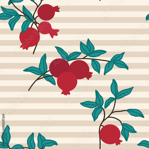 Seamless decorative pattern with red pomegranates on branches. Print for textile, fabric, covers, wallpapers, print, gift wrap, decoupage, scrapbooking, quilting. For fashion fabric.