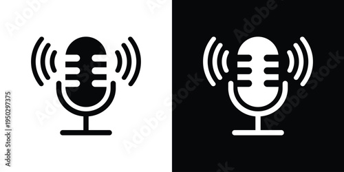 Minimalist outline microphone icon with signal rays. Vector linear design for live streaming, active voice recording, and podcasting. Modern UI element for web and mobile app interfaces.