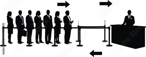 People waiting in line silhouettes set cad drawing flat vector illustration with business people, stanchions, counter, and arrows isolated on white.