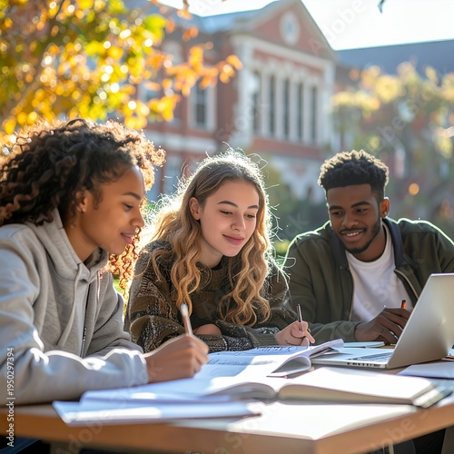 Diverse college students studying outdoors on campus with laptop and books.