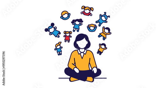 Imagination in Education: A vibrant illustration depicts a teacher amidst a flurry of children's imaginary figures, symbolizing learning, creativity, and the power of imagination.