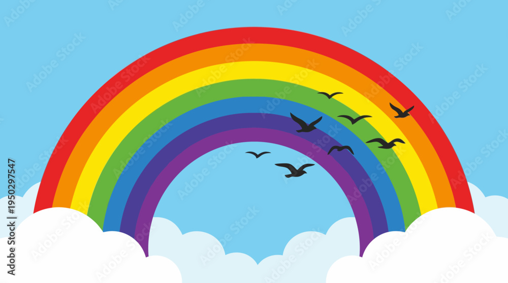 Naklejka premium A vibrant rainbow with red, orange, yellow, green, blue, indigo, and violet colors arches across a bright blue sky with fluffy white clouds and flying bird silhouettes.