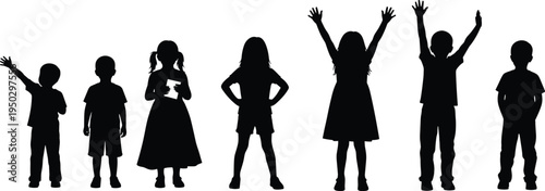 Children silhouettes standing together, happy kids raising hands, childhood unity concept, group of boys and girls isolated