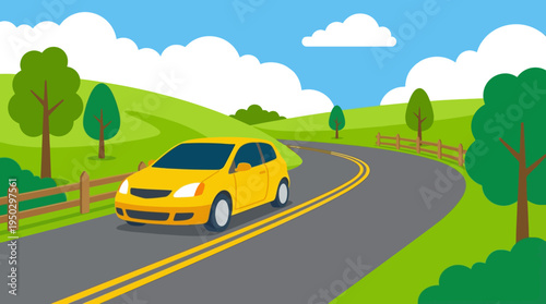A vibrant yellow car drives along a winding road through a lush green countryside with rolling hills and a clear blue sky.