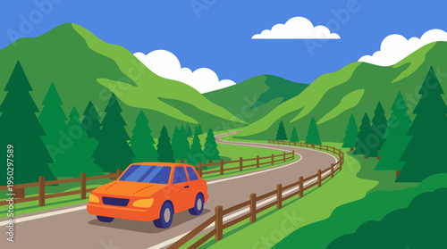 An orange car drives along a winding road through lush green mountains and pine forests under a blue sky with white clouds.