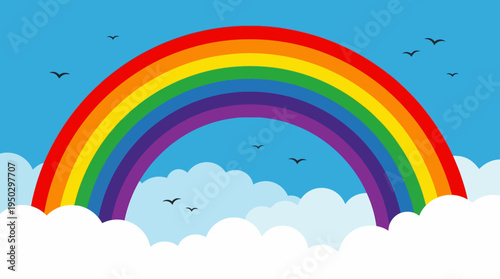 Vibrant rainbow arching across a clear blue sky with fluffy white clouds and flying birds.