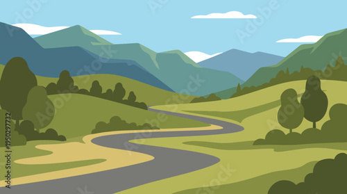 A winding road traverses through a serene, green valley with rolling hills and distant mountains under a clear blue sky in a flat illustration style.