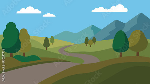 A vibrant flat design illustration of a winding road through rolling green hills with trees and distant mountains under a blue sky with clouds.