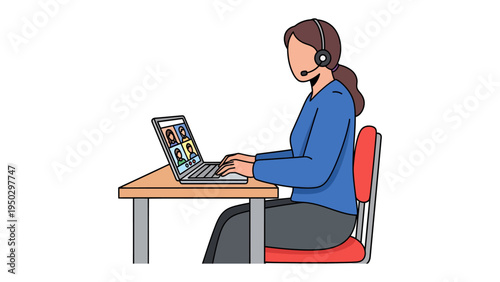 Digital Communication: A depiction of a woman fully engaged in digital communication, connecting through a video conference call on her laptop