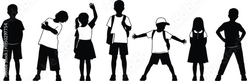 Children silhouettes, school kids illustration, diverse students standing, childhood education concept, playful poses, black and white vector, isolated background
