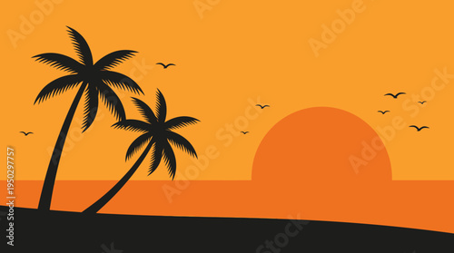 Vibrant orange sunset scene with silhouetted palm trees on a tropical beach, birds flying over the ocean horizon.