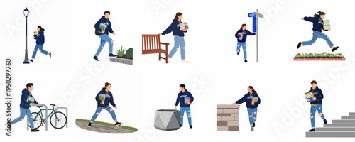Set of male and female university students in hoodies carrying books, walking and running across campus, flat vector illustration on white background.
