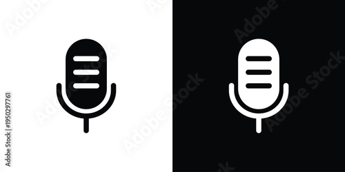 Minimalist outline microphone icon set on white and black backgrounds. Simple vector linear design for voice record, podcast, and audio interface. Clean stroke style for modern app UI.