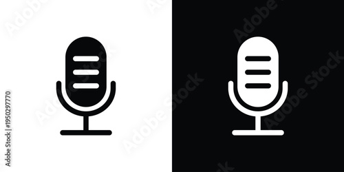 Minimalist outline microphone icon set on white and black backgrounds. Simple vector linear design for voice record, podcast, and audio interface. Clean stroke style for modern app UI.