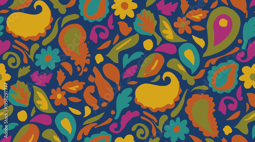 Vibrant retro-inspired pattern featuring colorful paisley motifs, stylized flowers, leaves, and a squirrel on a dark blue background, evoking a whimsical and bohemian aesthetic.