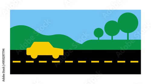 Stylized illustration of a yellow car driving on a road with green hills and trees under a blue sky, depicting a simple journey.