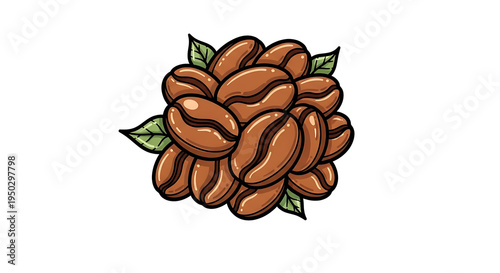 Roasted coffee beans illustration with some green leaves. PNG, isolated on white background