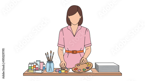 Artistic Endeavor: A focused artist stands poised at their creative station, surrounded by brushes, paints, and palettes, ready to bring their vision to life.