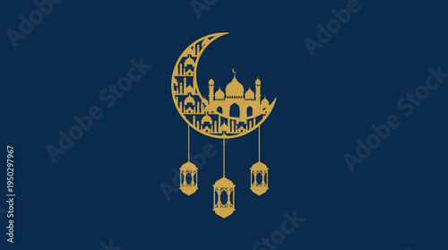 Golden crescent moon with mosque silhouette and hanging lanterns on a dark blue background, symbolizing Islamic celebration.