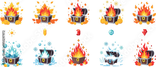 Flat vector illustration set of open treasure chests with seasonal elements including autumn leaves ice crystals and fire for gaming rewards and fantasy design