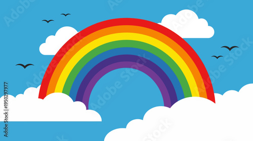 Vibrant rainbow arching across a clear blue sky with fluffy white clouds and small flying birds, a cheerful and colorful natural phenomenon illustration.