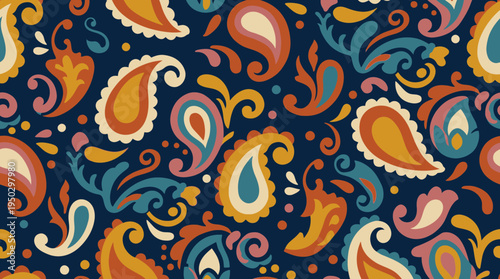 Vibrant retro paisley pattern with colorful teardrop shapes and swirls on a dark blue background, creating a bohemian and intricate design.
