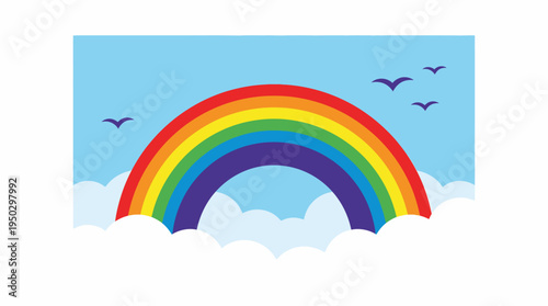 Colorful rainbow arching across a bright blue sky with fluffy white clouds and flying birds, a cheerful and vibrant scene.