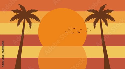Stylized tropical sunset with palm trees, a large orange sun reflecting on water, and birds flying in a striped sky.