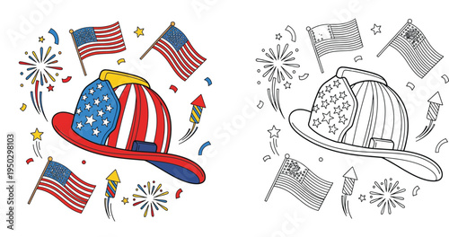Patriotic Firefighter Helmet with American Flags and Fireworks - USA Celebration