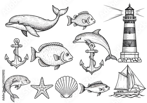 Vintage Engraved Marine Life and Nautical Elements Vector Set: Hand-Drawn Ocean Animals, Lighthouse, Anchors, and Sailboat Illustrations for Coastal Designs
