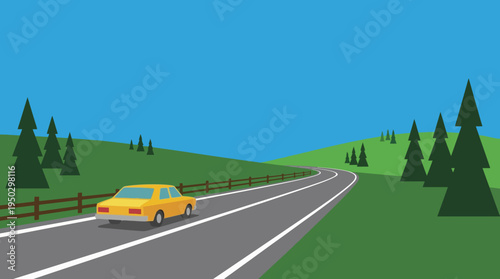 A yellow car drives on a winding road through green hills with scattered trees and a wooden fence under a clear blue sky, depicting a scenic journey.