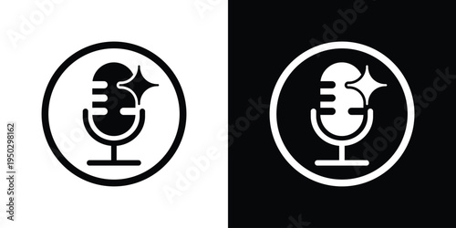 Modern outline microphone icon featuring a sparkle element. Vector graphic for high-quality audio, voice enhancement, and premium podcasting services. Clean stroke style for UI design.