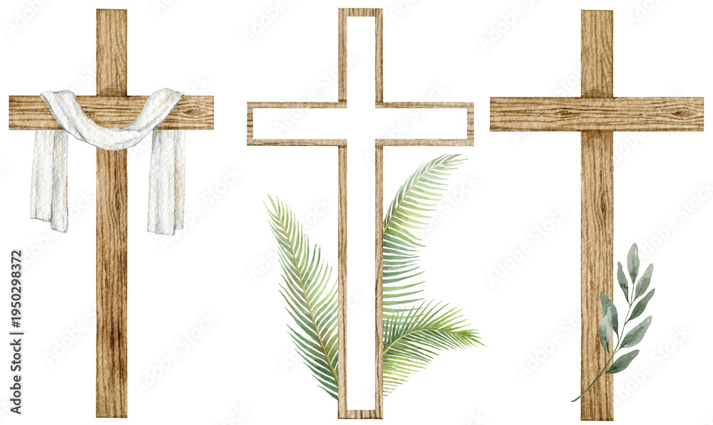 Fototapeta premium Easter Watercolor Wooden Cross with Floral Decor. Religious symbol of Resurrection for greeting cards, invitations, and holiday designs. Isolated on a white background.