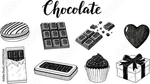 Chocolate dessert collection, sweet treats, cocoa candy, gourmet chocolate bar, heart-shaped chocolate, cupcake, macaron, gift box