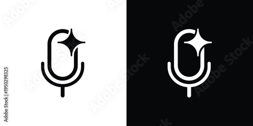 Modern outline microphone icon featuring a sparkle element. Vector graphic for high-quality audio, voice enhancement, and premium podcasting services. Clean stroke style for UI design.