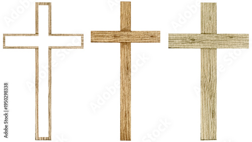 Hand drawn watercolor set  Easter wooden cross. Religious symbol of Resurrection for greeting cards, invitations, and holiday designs. Isolated on a white background.