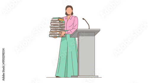 Woman Librarian at the Podium: A woman librarian stands behind a podium, holding a stack of books, in anticipation of a library-related event.