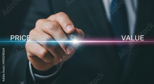 A businessman touches a glowing line separating the concepts of price and value on a dark screen
