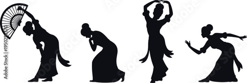 Elegant black vector silhouettes of traditional female dancers in graceful poses including fan dance and classic performance isolated on white background for cultural design