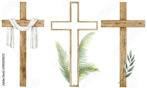 Easter Watercolor Wooden Cross with Floral Decor. Religious symbol of Resurrection for greeting cards, invitations, and holiday designs. Isolated on a white background.