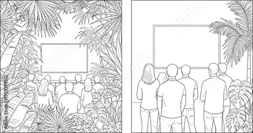 Vector line art set of people watching blank screen in minimalist room and lush jungle tropical foliage environment for presentation mockup and copy space