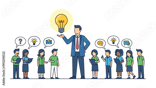 Illumination of Idea: A leader, with a radiant light bulb, guides a diverse team of individuals, each pondering or developing their own unique concepts. 
