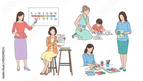 Education & Nurturing: Depicting various scenes of nurturing and teaching, showcasing teachers guiding their students in their educational journey.