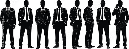 Professional businessman silhouette vector collection, standing male figures in formal suits and ties, corporate office workers set isolated on white background for business design