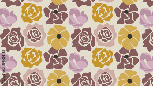 Stylized roses and daisies in mustard, mauve, and taupe in seamless pattern