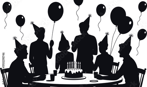 Black silhouette of friends celebrating birthday party with cake and balloons isolated on white background concept of happy anniversary event holiday and fun celebration