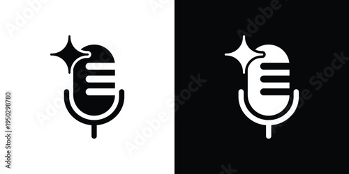 Modern outline microphone icon featuring a sparkle element. Vector graphic for high-quality audio, voice enhancement, and premium podcasting services. Clean stroke style for UI design.