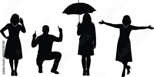Vector silhouette collection of diverse people including a woman with an umbrella, a kneeling man gesturing, and a lady with arms outstretched on white.