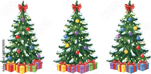 Christmas tree, holiday decorations, festive lights, winter celebration, gift boxes, snow branches, red bows, colorful ornaments, seasonal joy, December magic